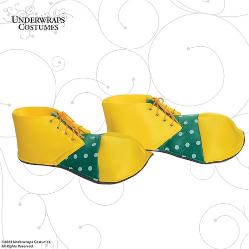 Green and yellow clown shoes with polka dots on a white background, featuring the Underwraps Costumes logo.