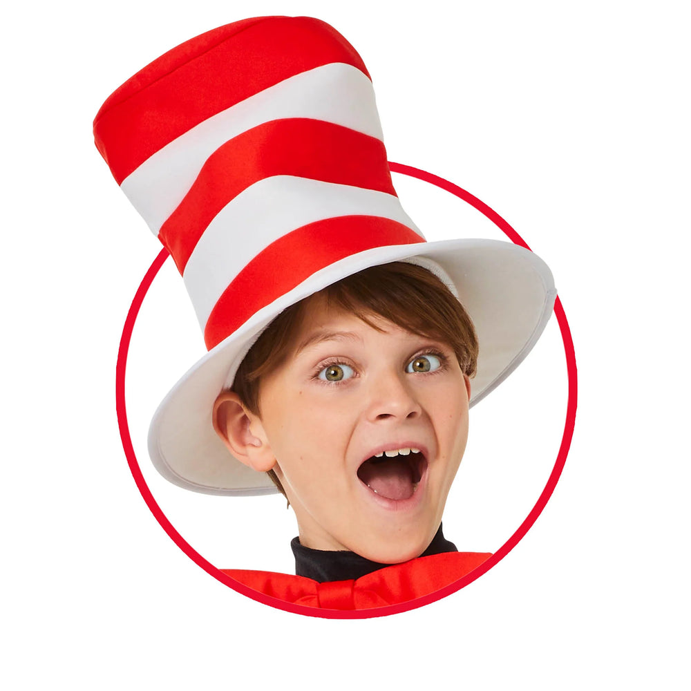 Child wearing a red and white striped hat with a circular border on a white background