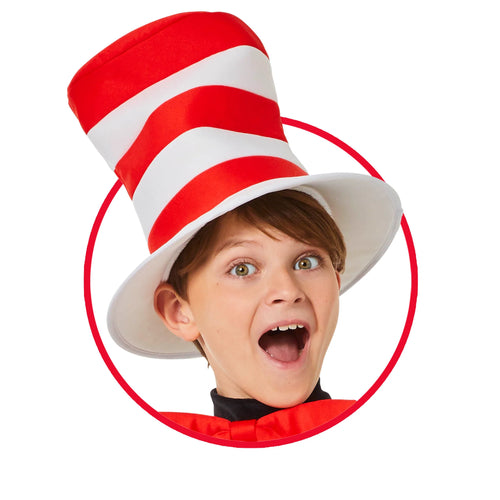 Child wearing a red and white striped hat with a circular border on a white background