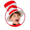 Child wearing a red and white striped hat with a circular border on a white background