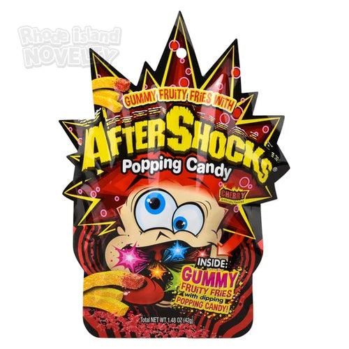 Packaging of AfterShocks popping candy with a cartoon character on a white background