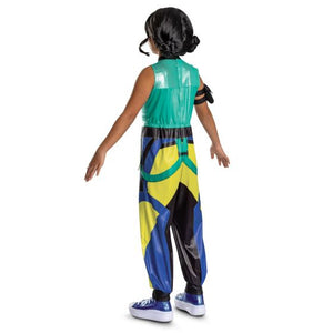 Person wearing a colorful costume with a white background