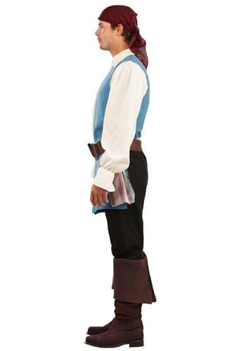 Person wearing a pirate costume with a white shirt, blue vest, black pants, and brown boots on a white background.
