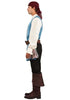 Person wearing a pirate costume with a white shirt, blue vest, black pants, and brown boots on a white background.