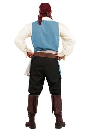 Person wearing a pirate costume with a blue vest, white shirt, black pants, and brown boots on a white background.