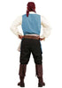 Person wearing a pirate costume with a blue vest, white shirt, black pants, and brown boots on a white background.