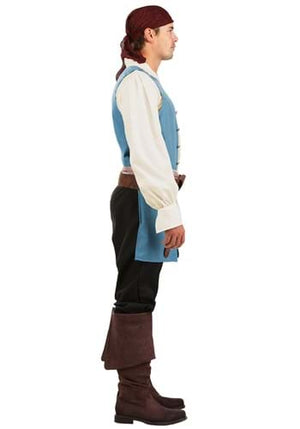 Person wearing a historical costume with a blue shirt, white vest, black pants, and brown boots on a white background.
