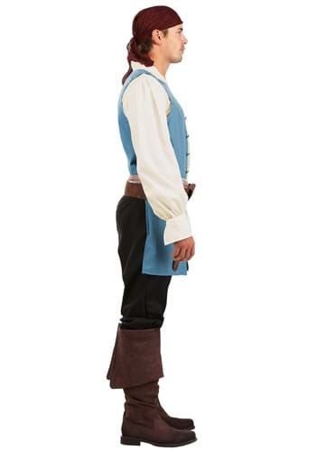 Person wearing a historical costume with a blue shirt, white vest, black pants, and brown boots on a white background.
