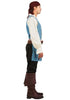 Person wearing a historical costume with a blue shirt, white vest, black pants, and brown boots on a white background.