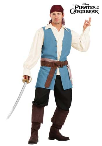 Person wearing a pirate costume with a sword, standing against a white background.