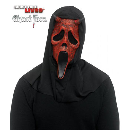 Person wearing a red mask with a black hood on a white background, featuring 'Ghostface Lives' text.