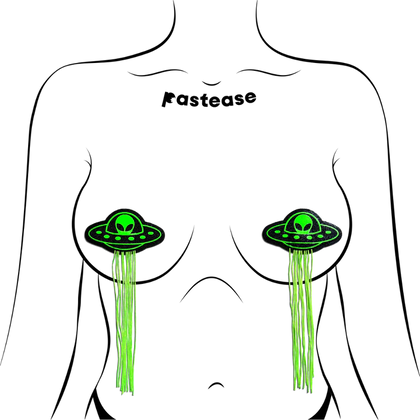 Tassel UFO Alien Glow-in-the-Dark Neon Green on Black Nipple Pasties | Pastease