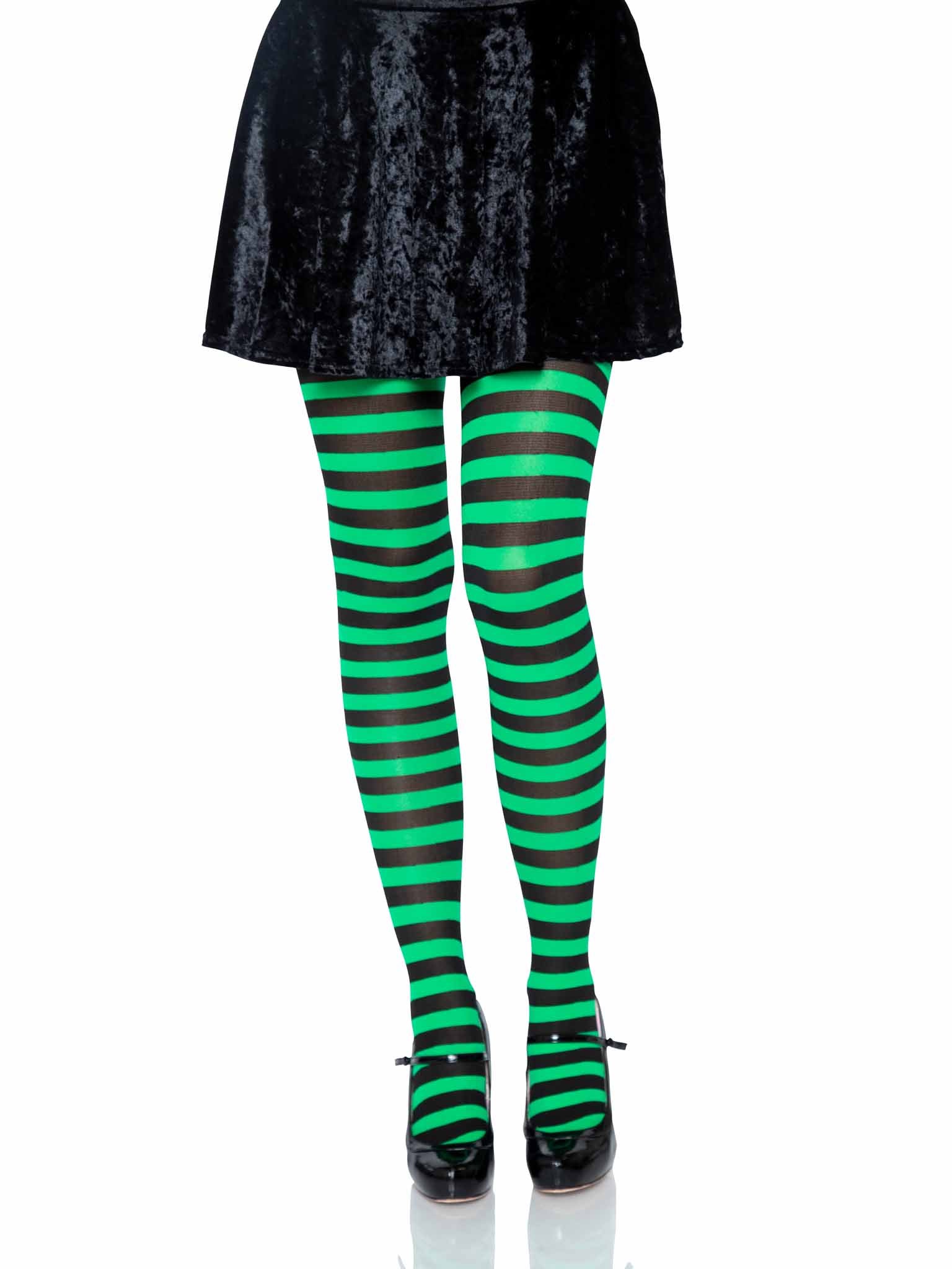 Nylon Kelly Green & Black Striped Tights