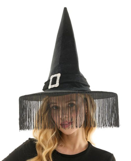 Black Witch Hat with Buckle & Fringe