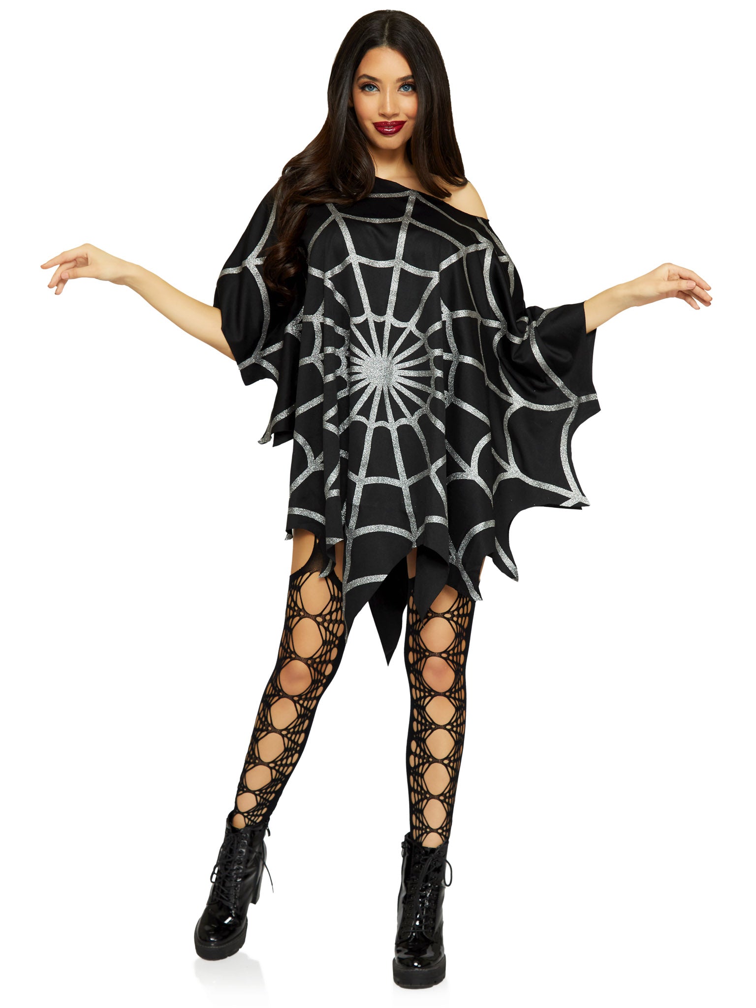 Gothic Glitter Spider Web Costume Poncho | Black