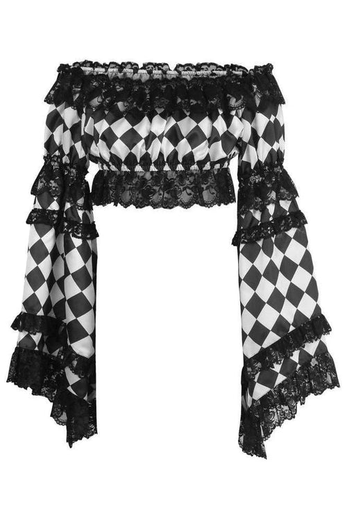 Black/White Diamond Print Satin & Lace Peasant Top | Medium