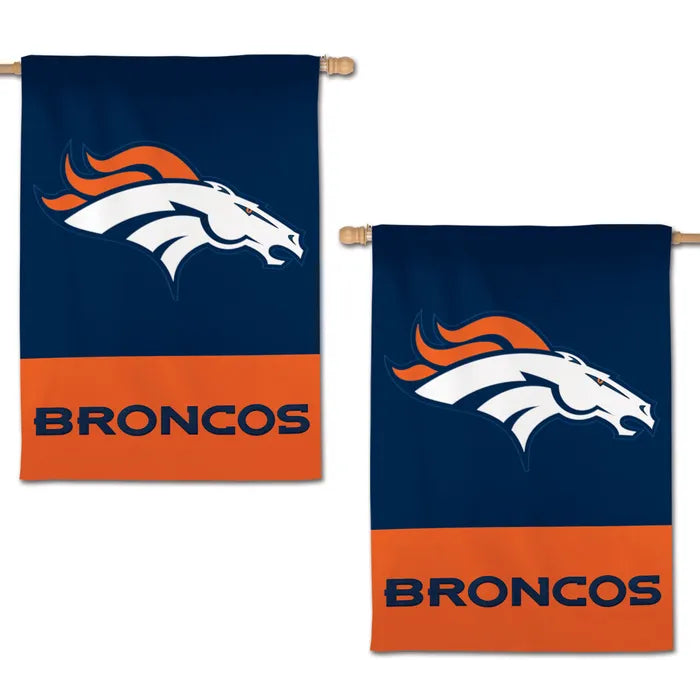 Two Denver Broncos flags with logo and text on a white background