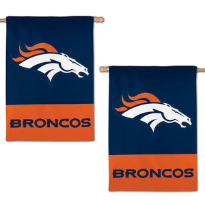 Two Denver Broncos flags with logo and text on a white background