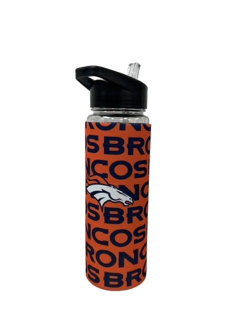 Water bottle with Denver Broncos logo and text on a white background