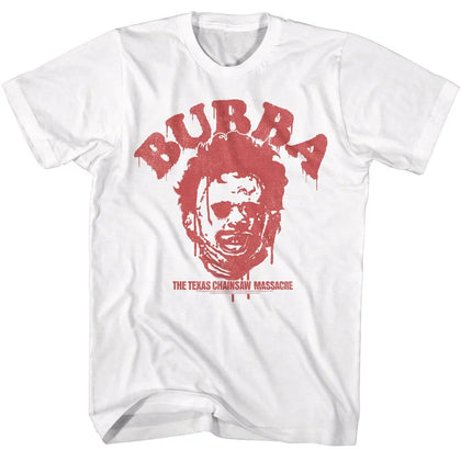 White t-shirt with red graphic design featuring a face and text on a white background