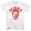 White t-shirt with red graphic design featuring a face and text on a white background