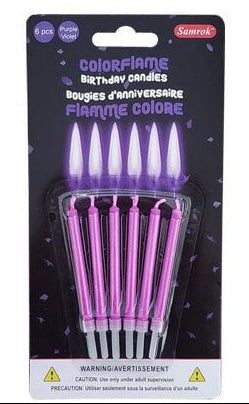 Five packages of ColorFlame birthday candles in blue, green, pink, purple, and red on a white background.