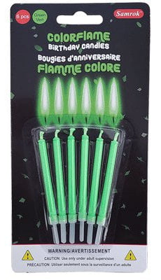 Five packages of ColorFlame birthday candles in blue, green, pink, purple, and red on a white background.