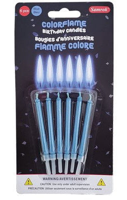 Five packages of ColorFlame birthday candles in blue, green, pink, purple, and red on a white background.