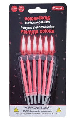 Five packages of ColorFlame birthday candles in blue, green, pink, purple, and red on a white background.