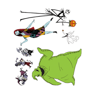 Cartoon characters from 'The Nightmare Before Christmas' in various poses on a white background