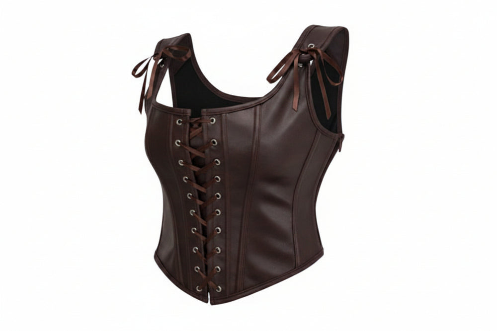 Brown leather corset with lace-up front on a white background