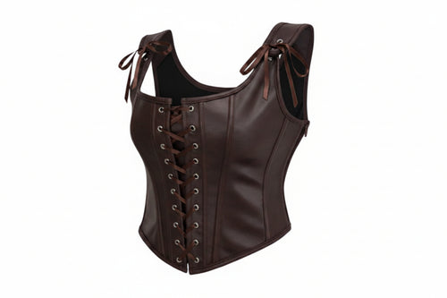 Brown leather corset with lace-up front on a white background