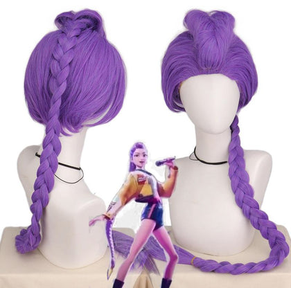 Purple braided wig on mannequin heads with a small figure in the background