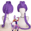 Purple braided wig on mannequin heads with a small figure in the background