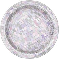Round, iridescent disco ball with a metallic finish