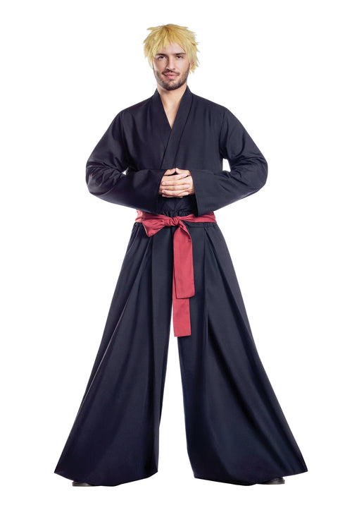 Man wearing a black martial arts uniform with a red belt on a white backgroundSamurai Kimono Japanese Warrior Outfit