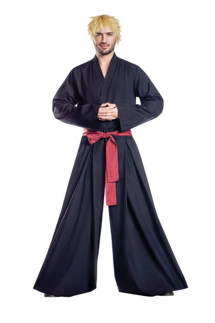 Man wearing a black martial arts uniform with a red belt on a white backgroundSamurai Kimono Japanese Warrior Outfit