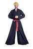 Man wearing a black martial arts uniform with a red belt on a white backgroundSamurai Kimono Japanese Warrior Outfit