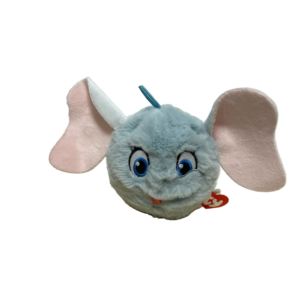 Plush toy of a gray elephant with large ears on a white background