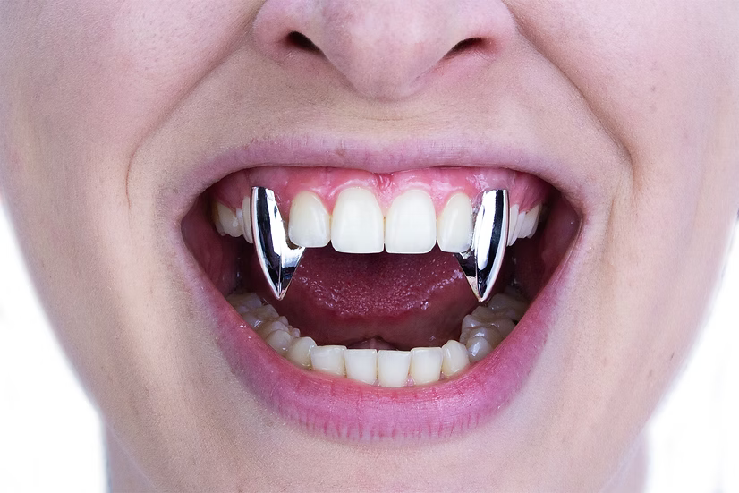A close-up of a person's mouth wearing two shiny silver vampire fangs on the upper front teeth.