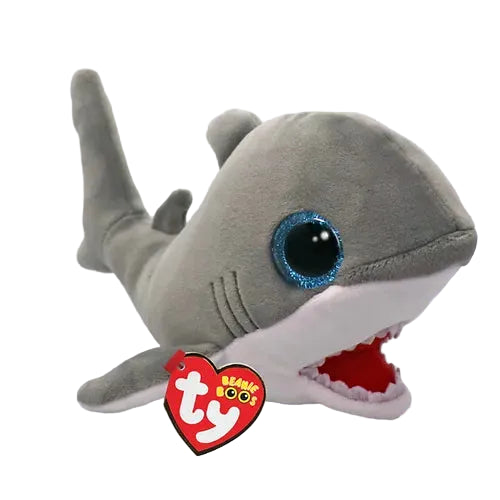 A plush toy resembling a shark with a gray body, blue glittery eye, and red inner mouth, branded as 'Ty Beanie Boo'.