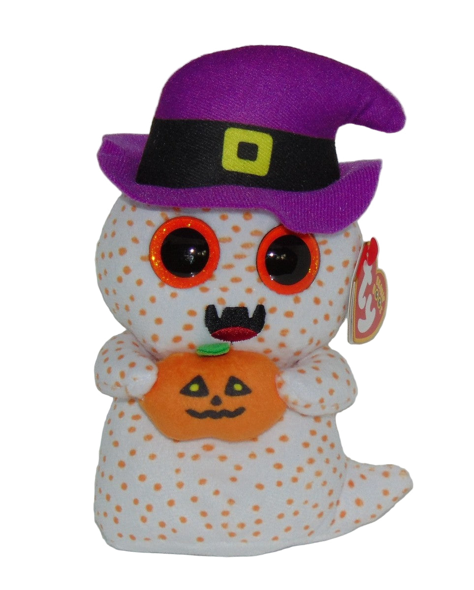 Halloween-themed plush toy with purple witch hat and pumpkin, on a white background