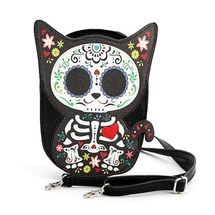 Floral Sugar Skull Cat Shoulder Crossbody Bag | Halloween