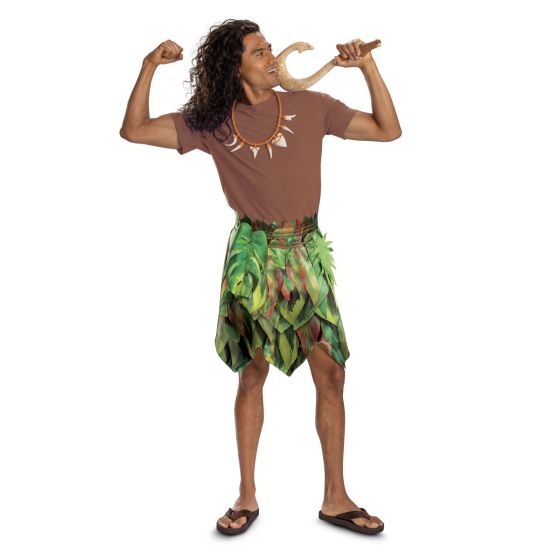 Person wearing a costume with a brown shirt, green leafy skirt, and holding a weapon on a white background