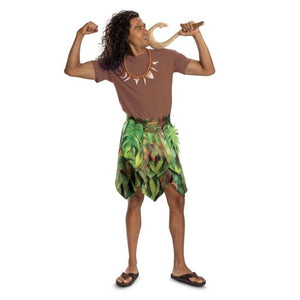 Person wearing a costume with a brown shirt, green leafy skirt, and holding a weapon on a white background