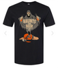 Black t-shirt with a graphic of a skeleton holding a beer bottle and text 'HAUNTS AND BEER' on a white background.