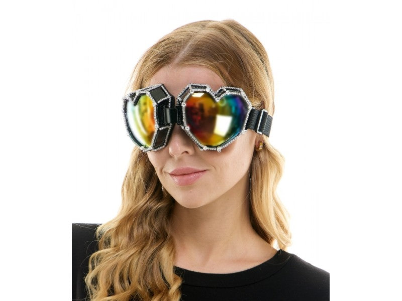 Rhinestone Heart Rave Goggles | Black