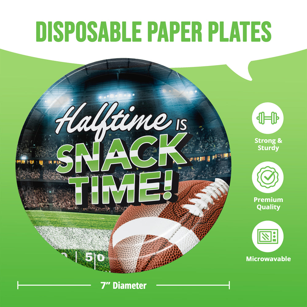 A green promotional graphic for disposable paper plates. A large circular plate in the center reads “Halftime IS Snack Time!” with a football and stadium background.