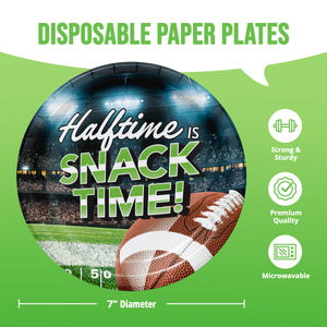 A green promotional graphic for disposable paper plates. A large circular plate in the center reads “Halftime IS Snack Time!” with a football and stadium background.
