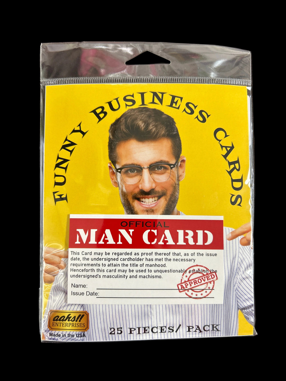 Pack of Funny Business Cards with a man's face on the packaging.